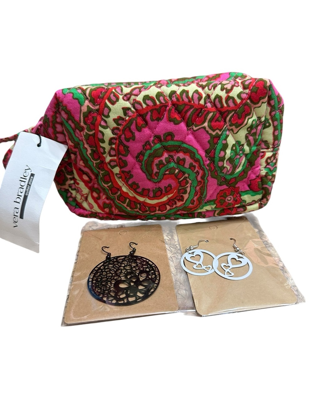 Vera Bradley Quilted Paisley Cosmetic Pouch in Pink, Green and 1 pair ear rings